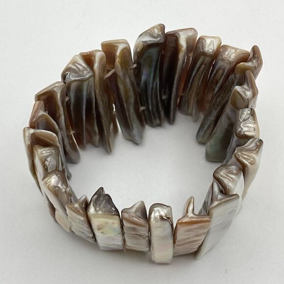 Mother of Pearl Shell Rectangle Beaded Stretch Wide Bracelet Boho Fashion - Picture 4 of 7